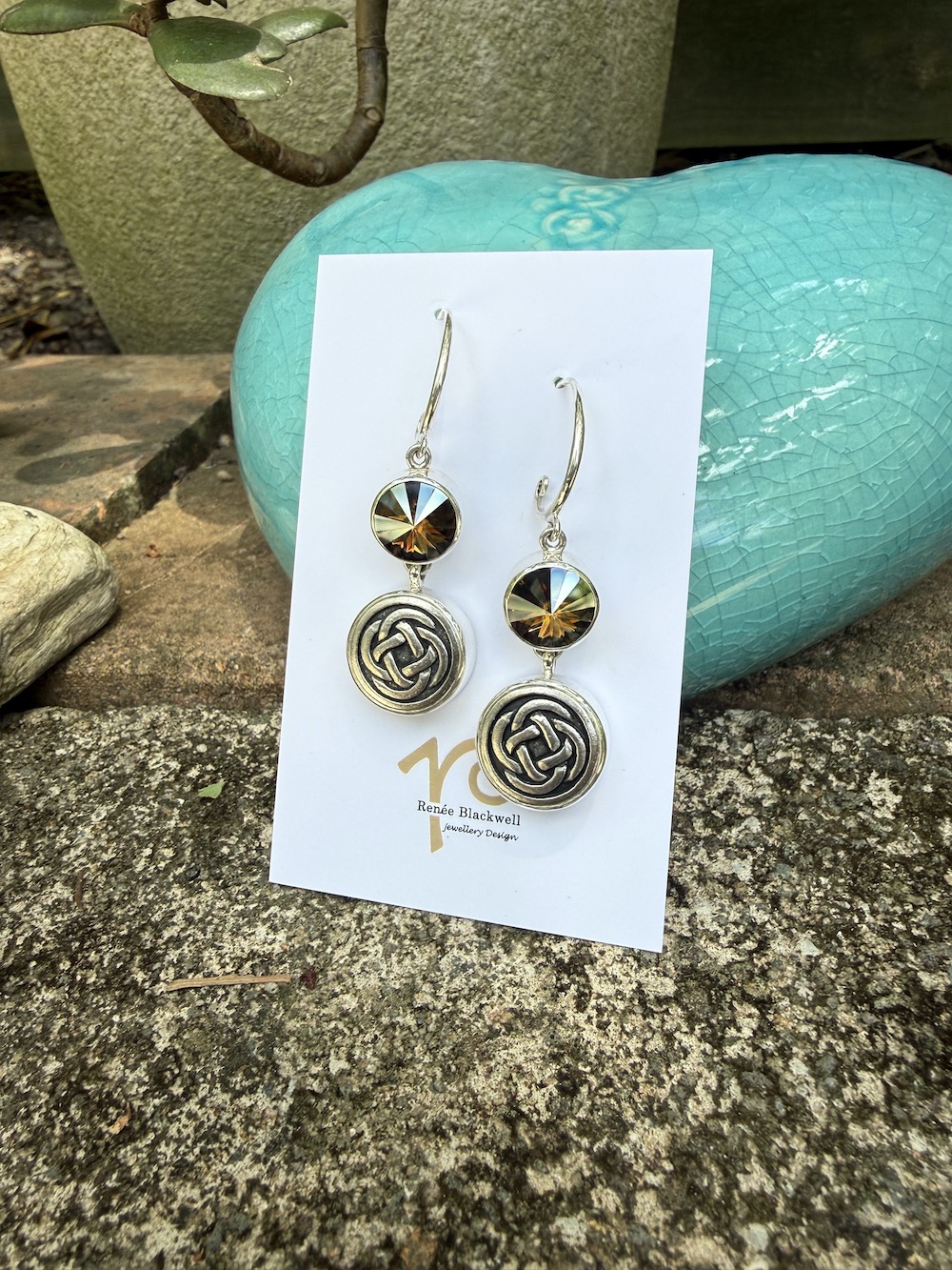 Celtic Knot Vintage Button & Swarovski Crystal Earrings #ACD55 - Image 6