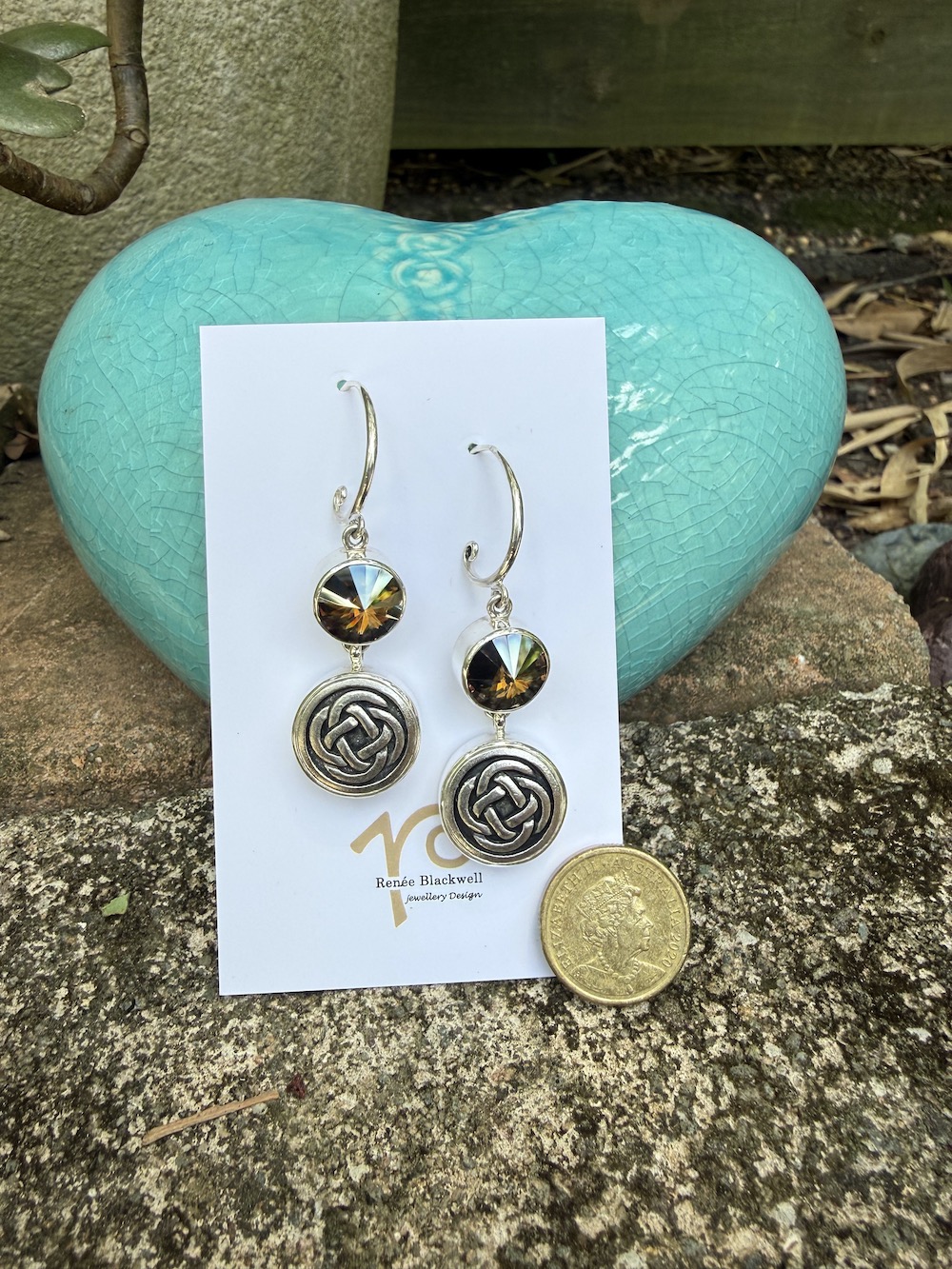 Celtic Knot Vintage Button & Swarovski Crystal Earrings #ACD55 - Image 2