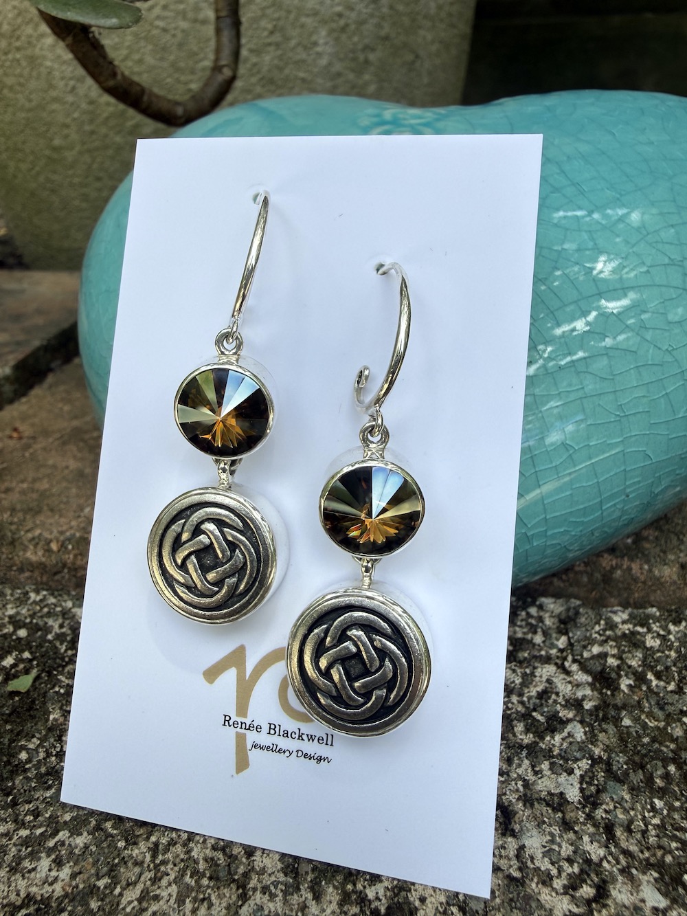 Celtic Knot Vintage Button & Swarovski Crystal Earrings #ACD55