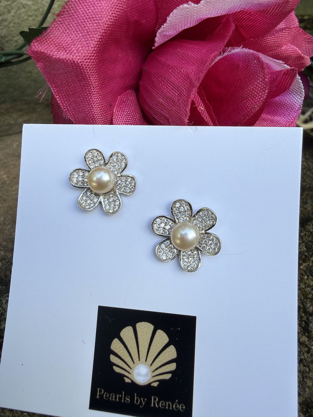 Creamy Fresh Water Pearl & Crystal Stud/Post Earrings #IAPEY - Image 4