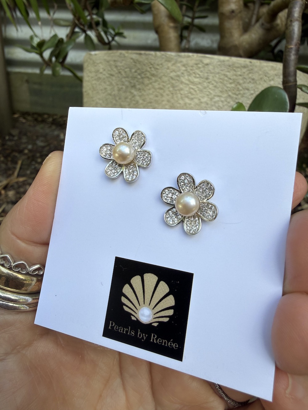 Creamy Fresh Water Pearl & Crystal Stud/Post Earrings #IAPEY - Image 2