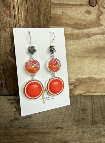 Vibrant Orange Vintage Italian Button & Swarovski Crystal Earrings  #OE456