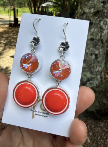 Vibrant Orange Vintage Italian Button & Swarovski Crystal Earrings  #OE456