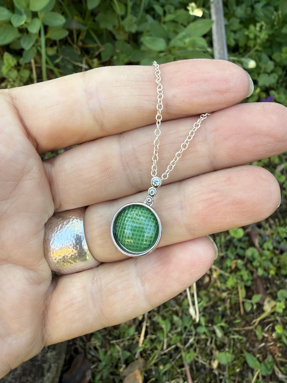 Delightful Vintage Green Button "Mini" Pendant-Includes Sterling Silver Chain! #FR44