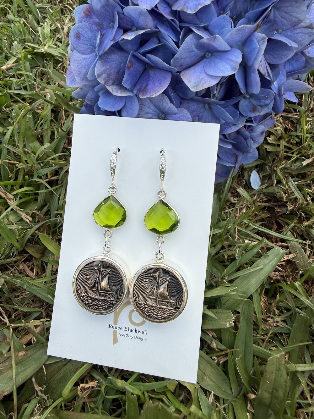 Vintage Button Sailboat Earrings with Lime Green Crystals #VFR4 - Image 5