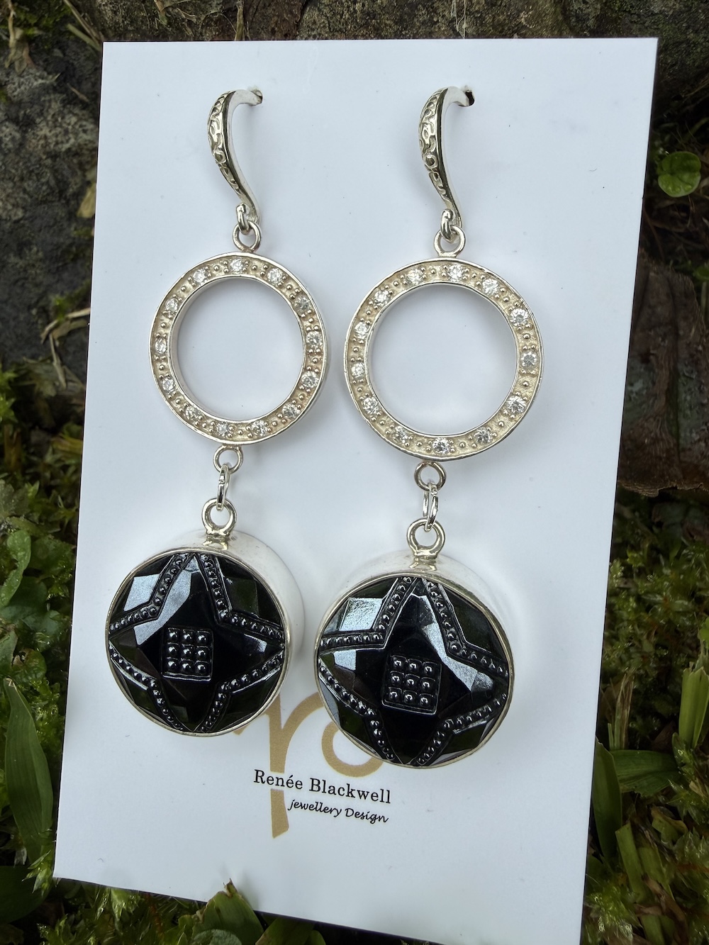 Shiny Black Vintage Button & Sparkly Earrings Sure to Delight! #RFM7 - Image 2