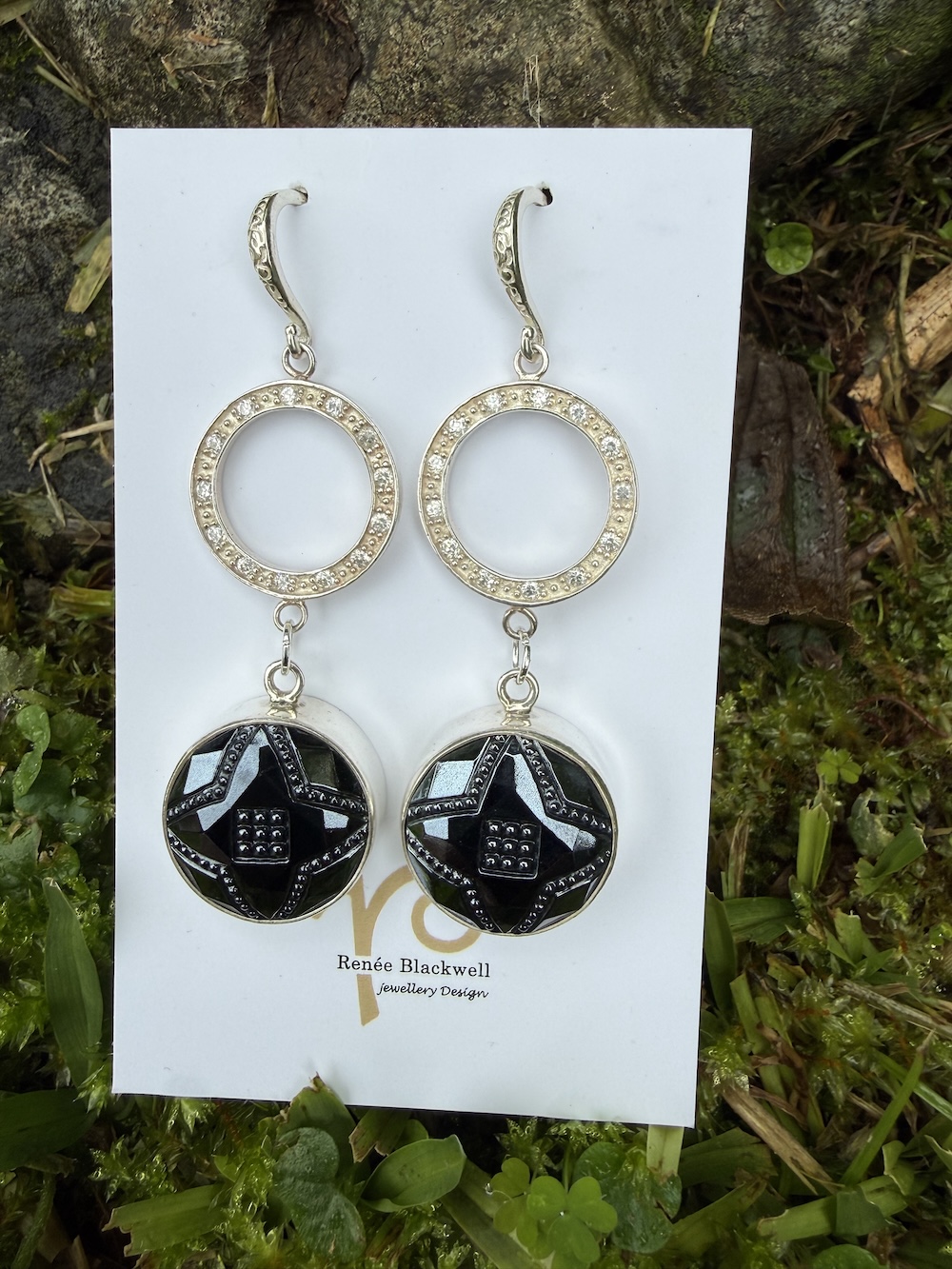 Shiny Black Vintage Button & Sparkly Earrings Sure to Delight! #RFM7 - Image 5