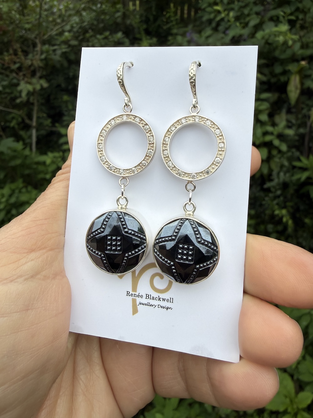 Shiny Black Vintage Button & Sparkly Earrings Sure to Delight! #RFM7 - Image 4