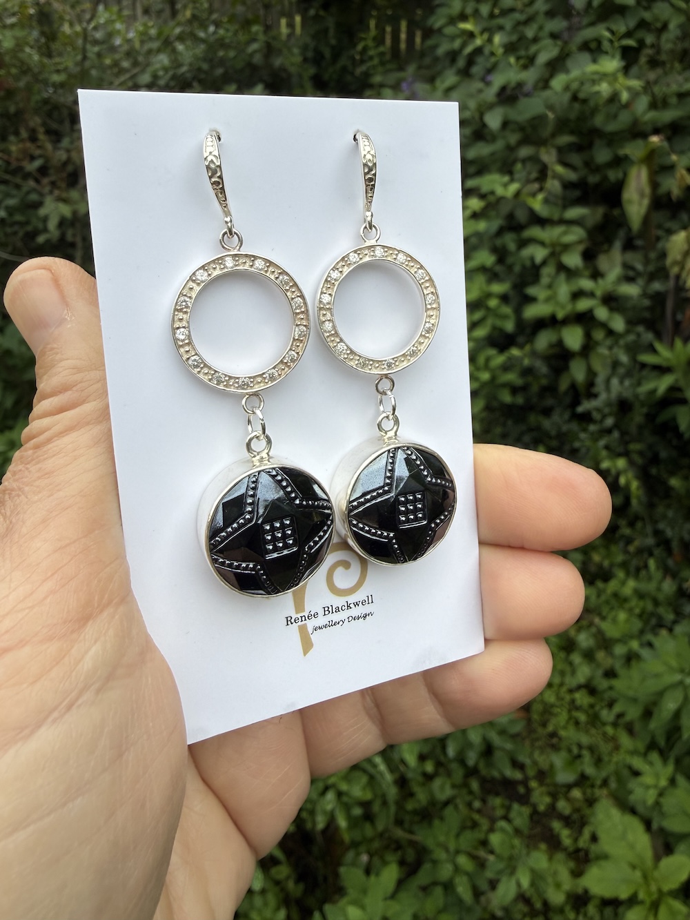 Shiny Black Vintage Button & Sparkly Earrings Sure to Delight! #RFM7 - Image 3