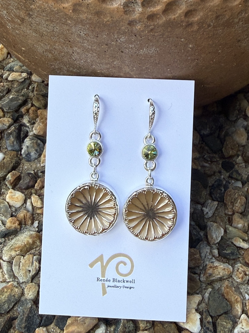Charming Vintage Button & Lime Crystal Earrings #SW29 - Image 3