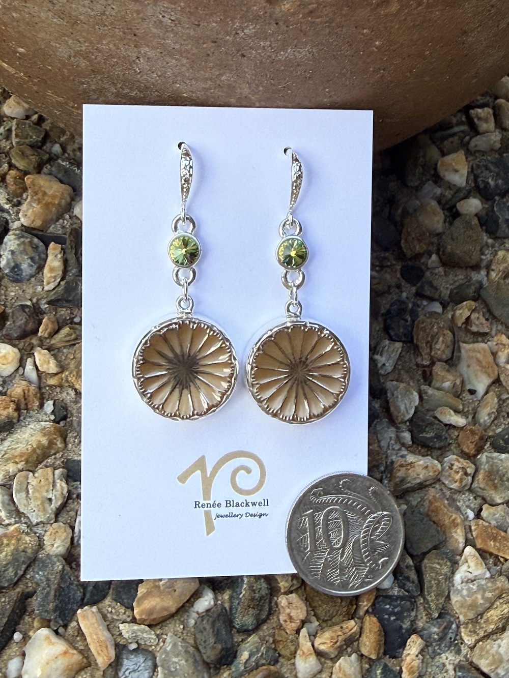 Charming Vintage Button & Lime Crystal Earrings #SW29 - Image 4
