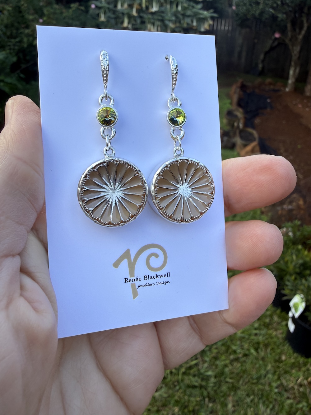 Charming Vintage Button & Lime Crystal Earrings #SW29