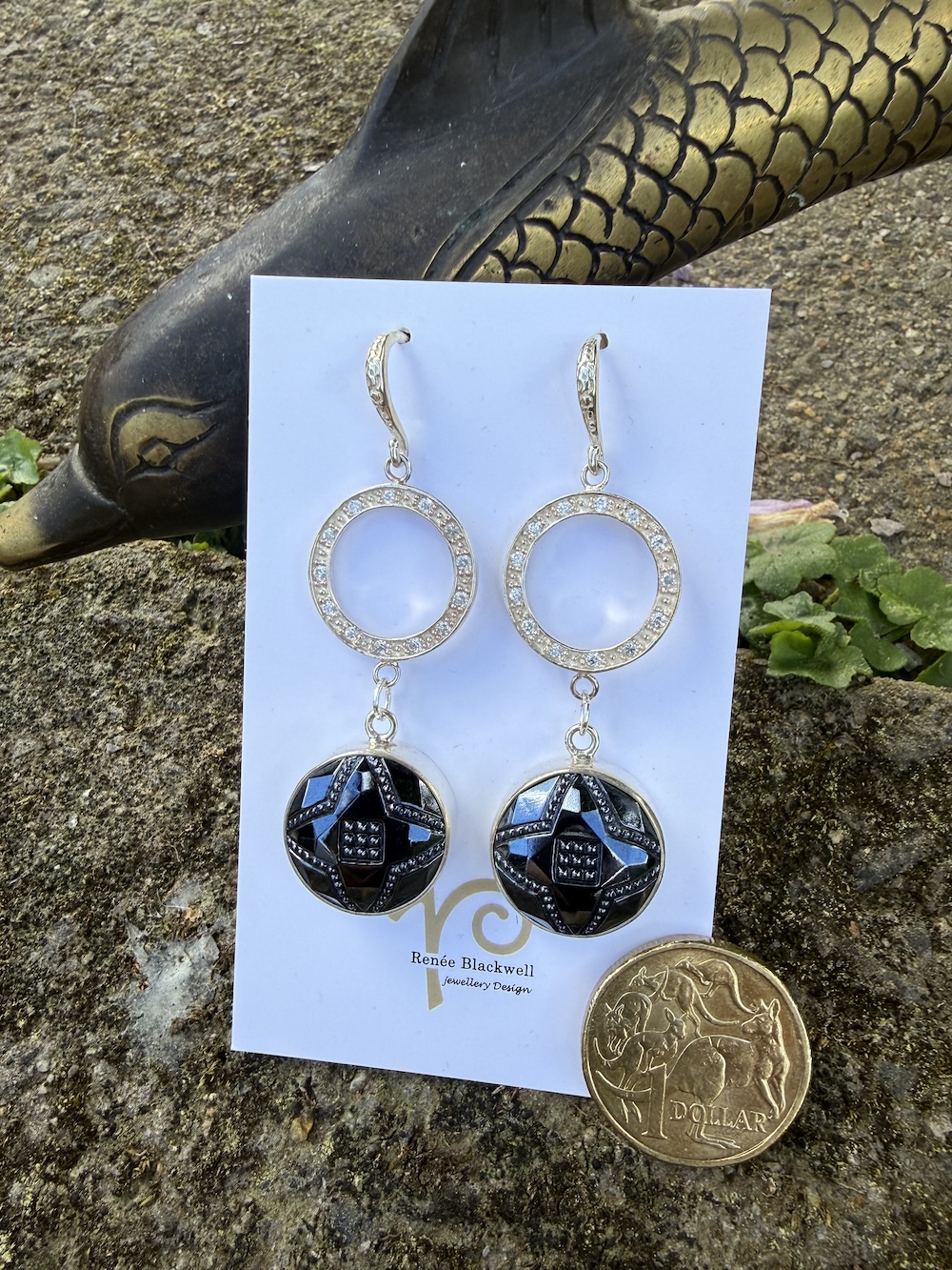 Shiny Black Vintage Button & Sparkly Earrings Sure to Delight! #RFM7 - Image 2