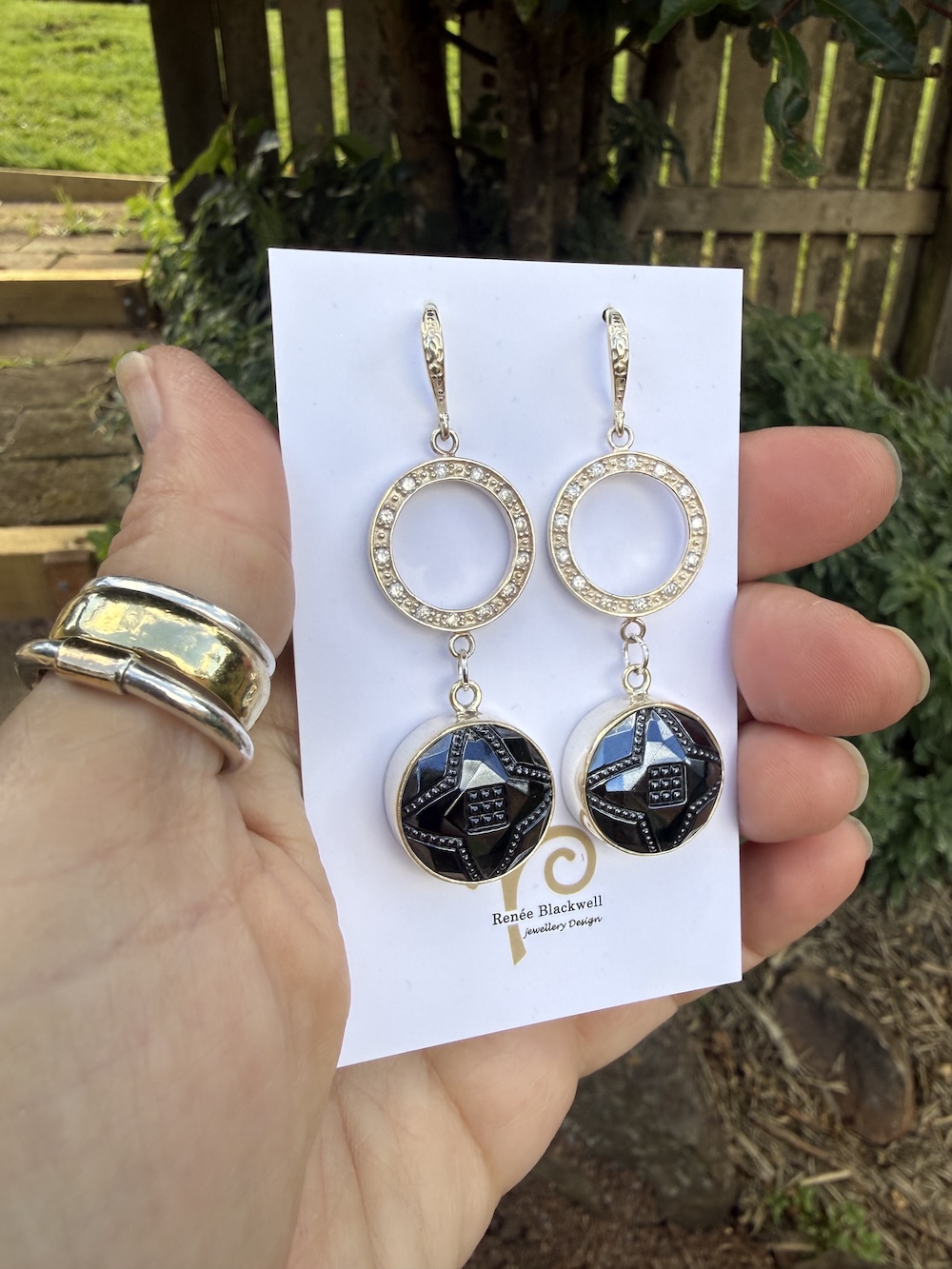 Shiny Black Vintage Button & Sparkly Earrings Sure to Delight! #RFM7 - Image 7