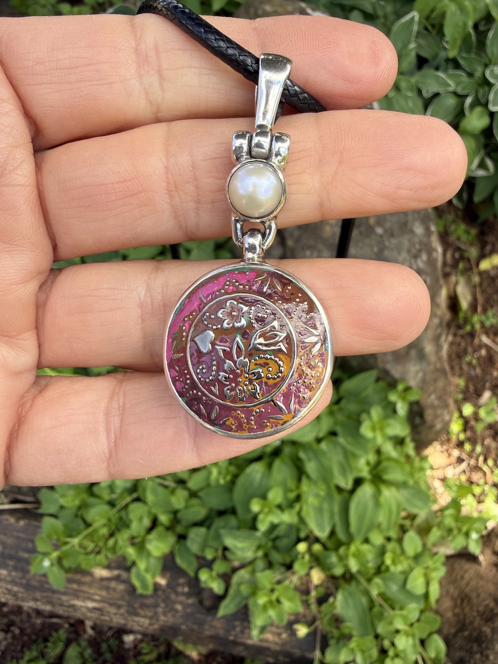 Phenomenal "Flash Sale" Antique Button & Pearl Pendant-Includes Black Leather Cord! #CDZ2 - Image 2