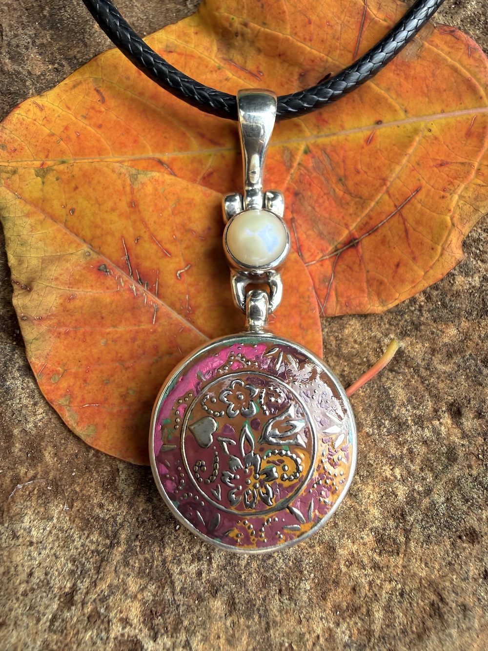 Phenomenal "Flash Sale" Antique Button & Pearl Pendant-Includes Black Leather Cord! #CDZ2