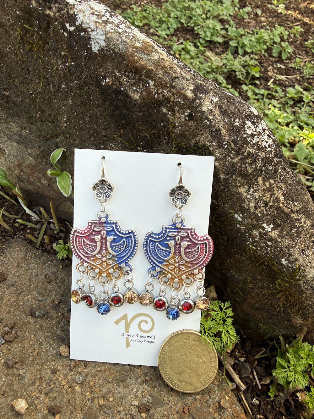 "Birds in a Shield" Earrings with Sparkling Crystals #OU64 - Image 2