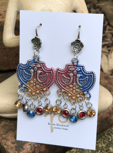 "Birds in a Shield" Earrings with Sparkling Crystals     #OU64