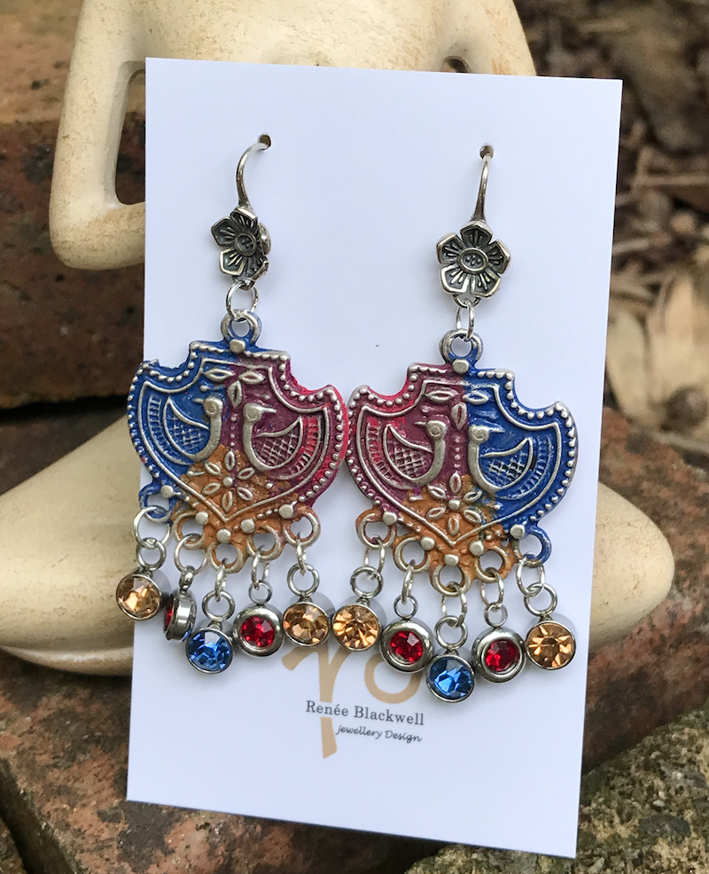 "Birds in a Shield" Earrings with Sparkling Crystals #OU64