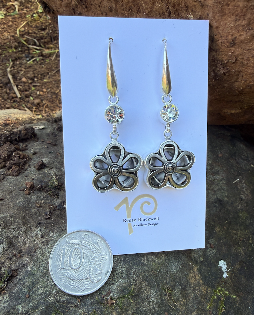 "Flower Power" Vintage Button & Shimmering Crystal Earrings #NJW3 - Image 3