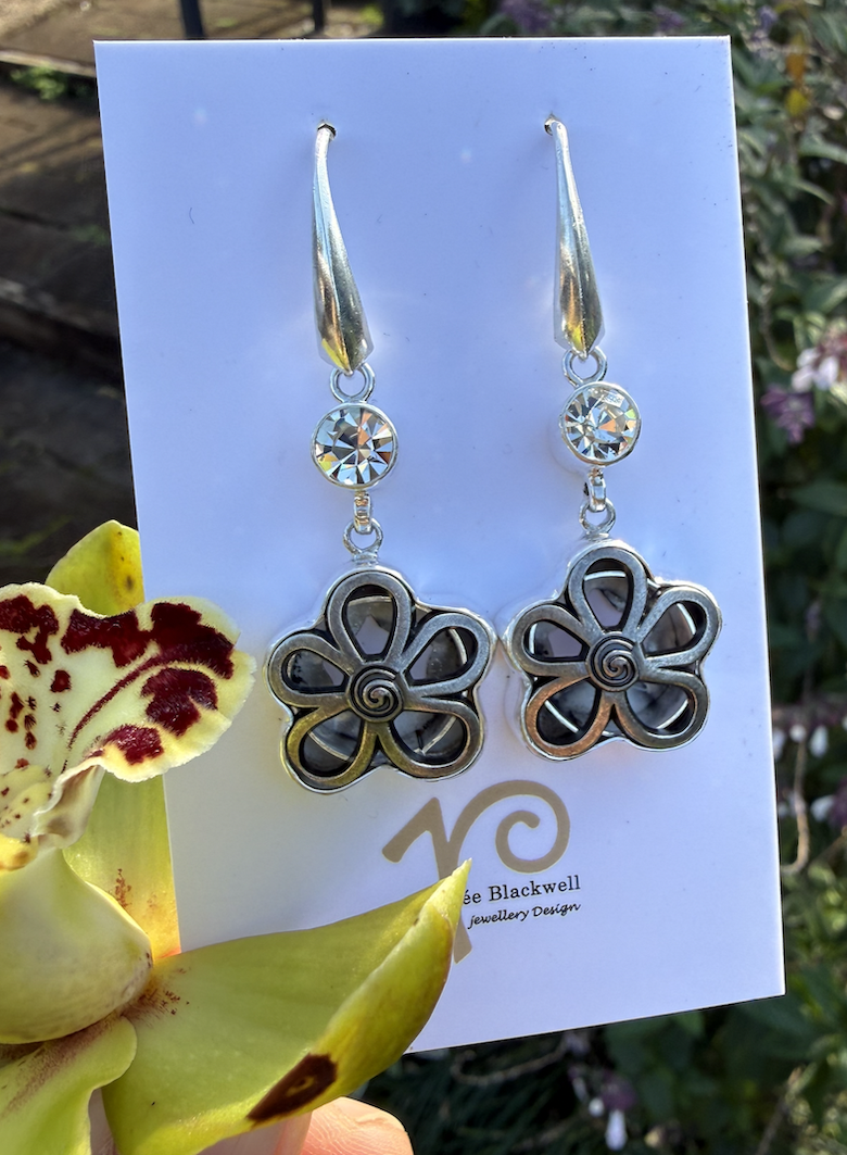 "Flower Power" Vintage Button & Shimmering Crystal Earrings #NJW3 - Image 2