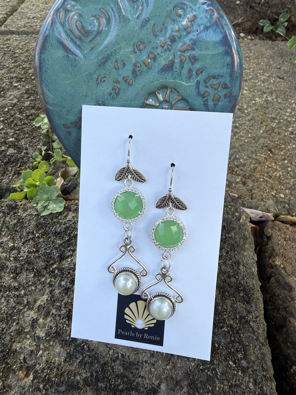Renée's Pick! Pearl & Green Crystal Earrings #XS3 - Image 2