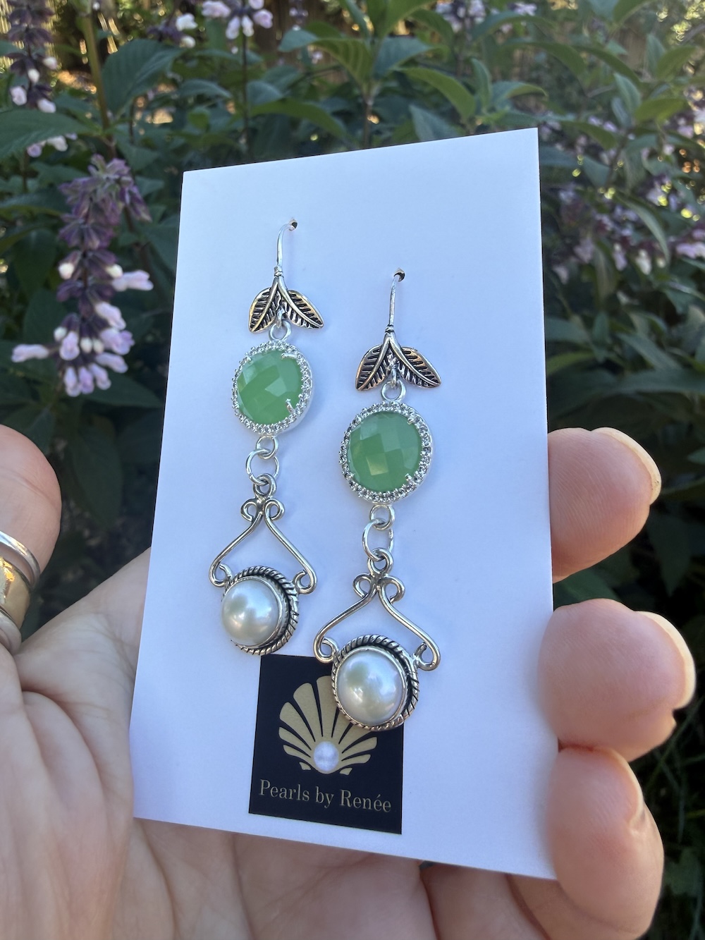 Renée's Pick! Pearl & Green Crystal Earrings #XS3 - Image 4