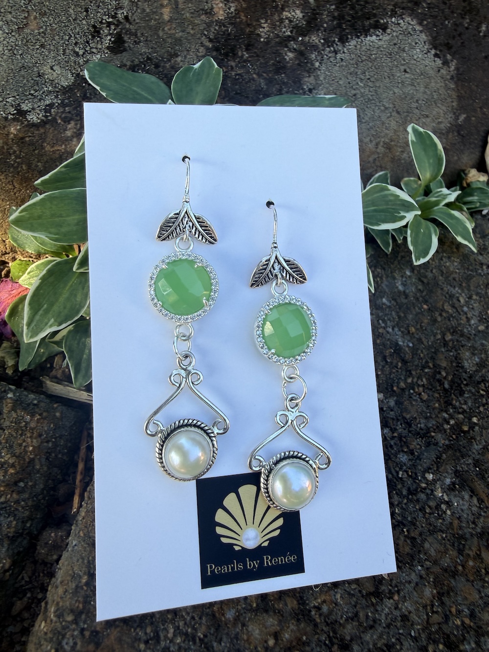 Renée's Pick! Pearl & Green Crystal Earrings #XS3 - Image 5