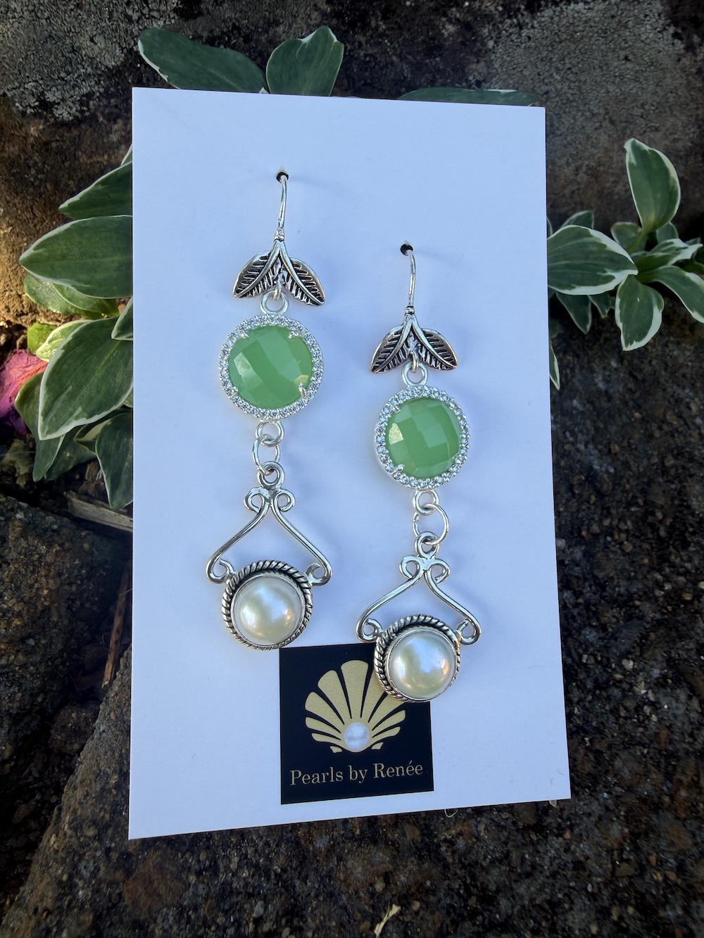 Renée's Pick! Pearl & Green Crystal Earrings #XS3