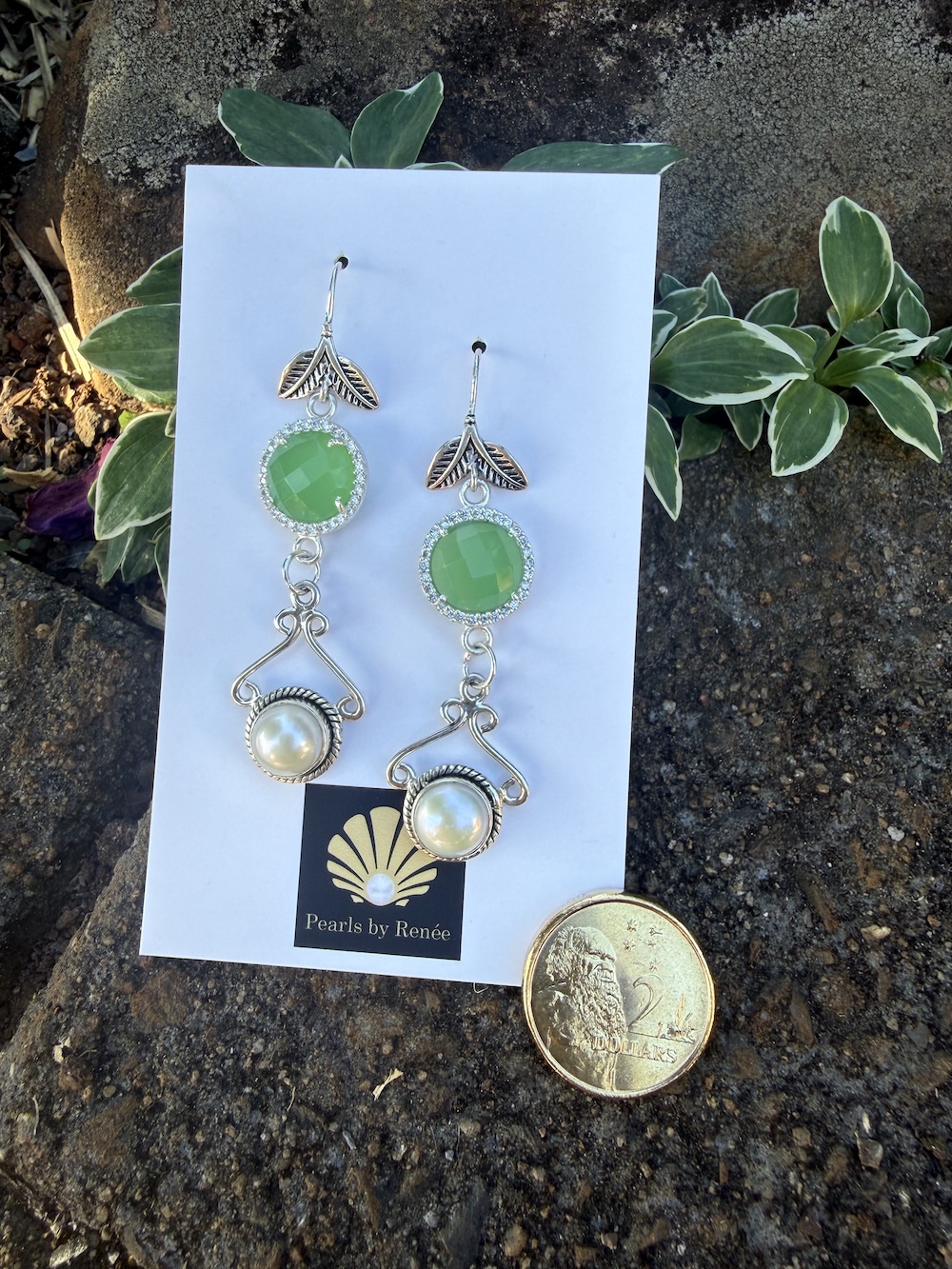 Renée's Pick! Pearl & Green Crystal Earrings #XS3 - Image 3