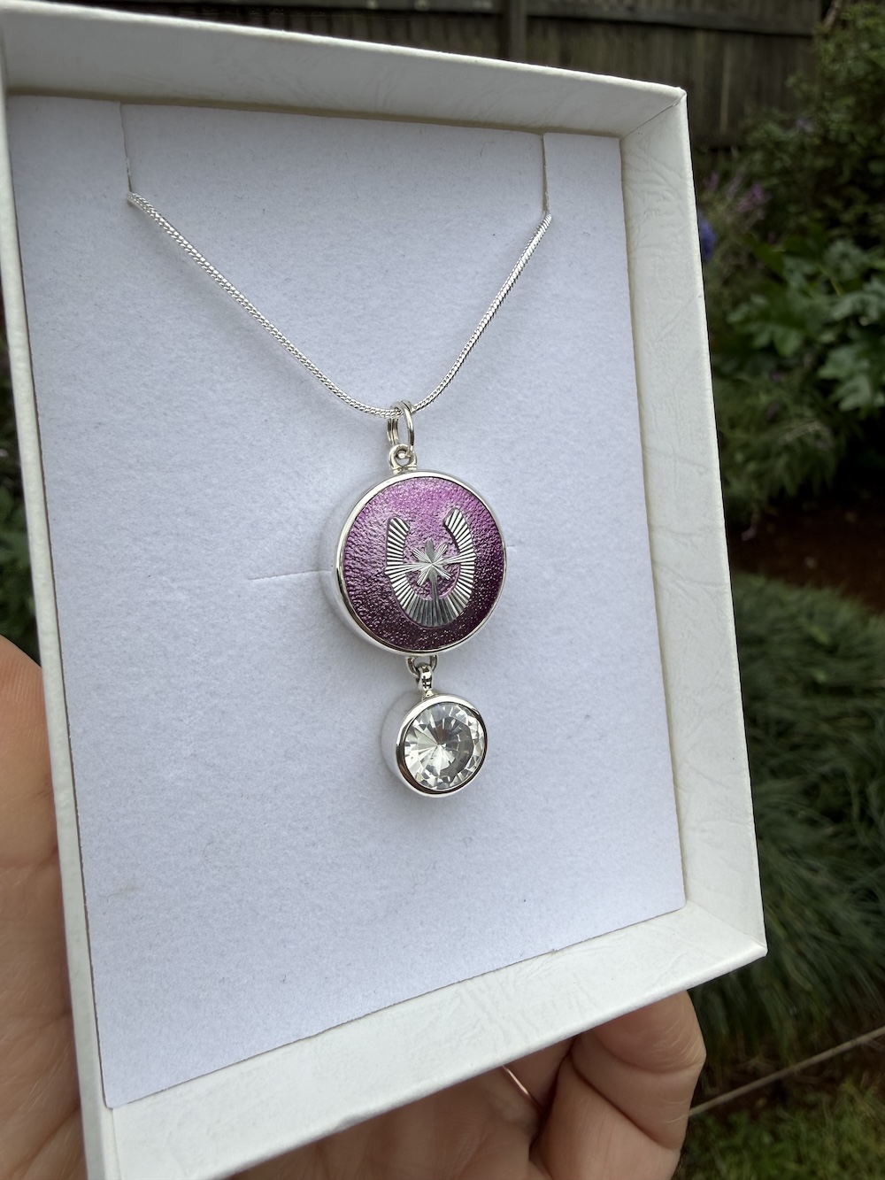 Enchanting Vintage Horse Shoe Button & Crystal Pendant-Includes Sterling Silver Chain! #ILA63 - Image 4