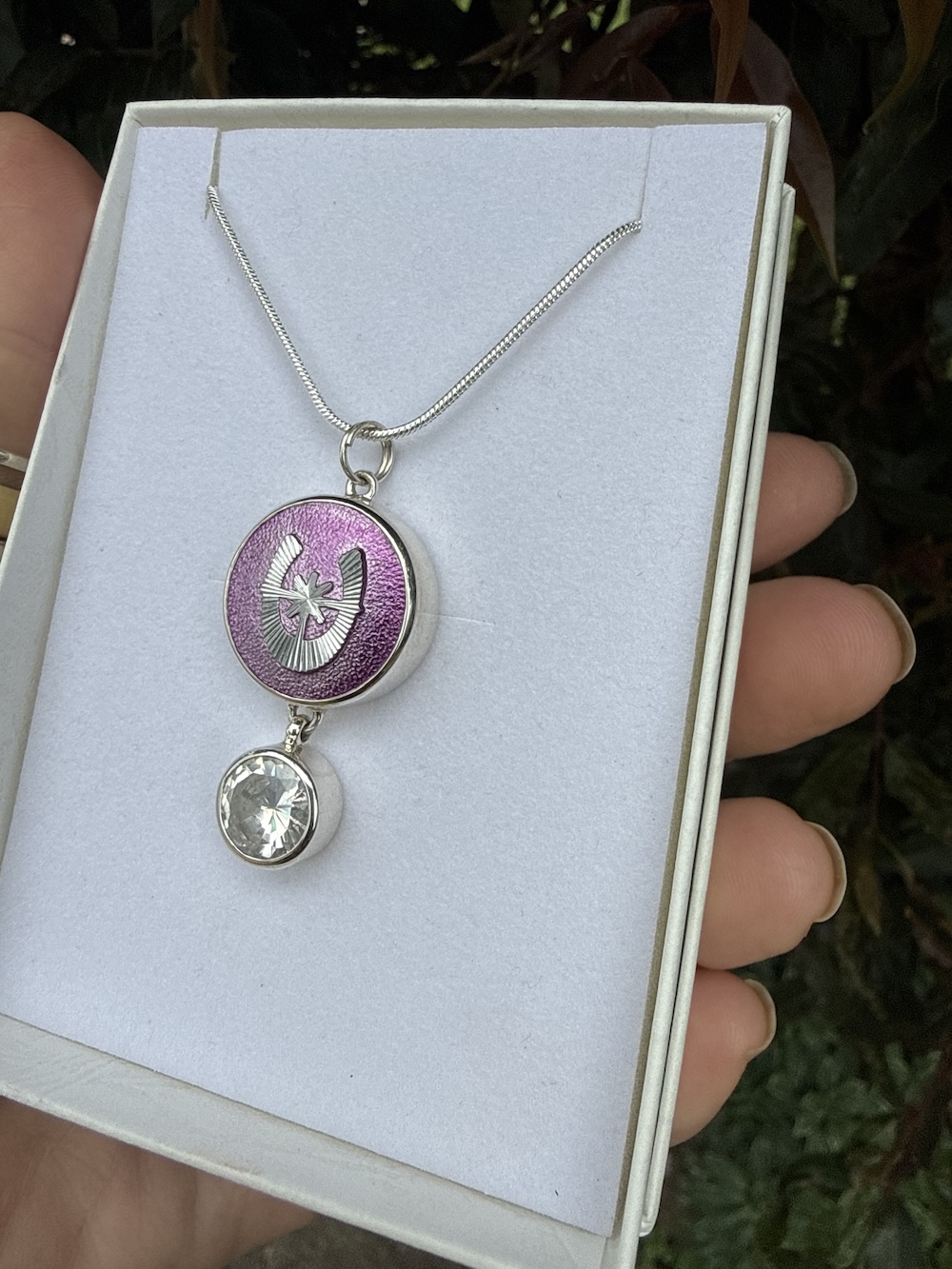 Enchanting Vintage Horse Shoe Button & Crystal Pendant-Includes Sterling Silver Chain! #ILA63