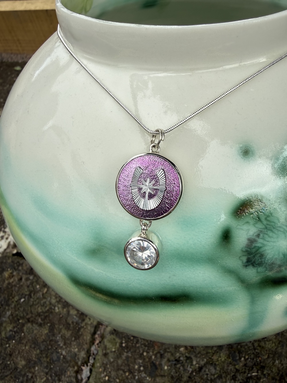 Enchanting Vintage Horse Shoe Button & Crystal Pendant-Includes Sterling Silver Chain! #ILA63 - Image 3