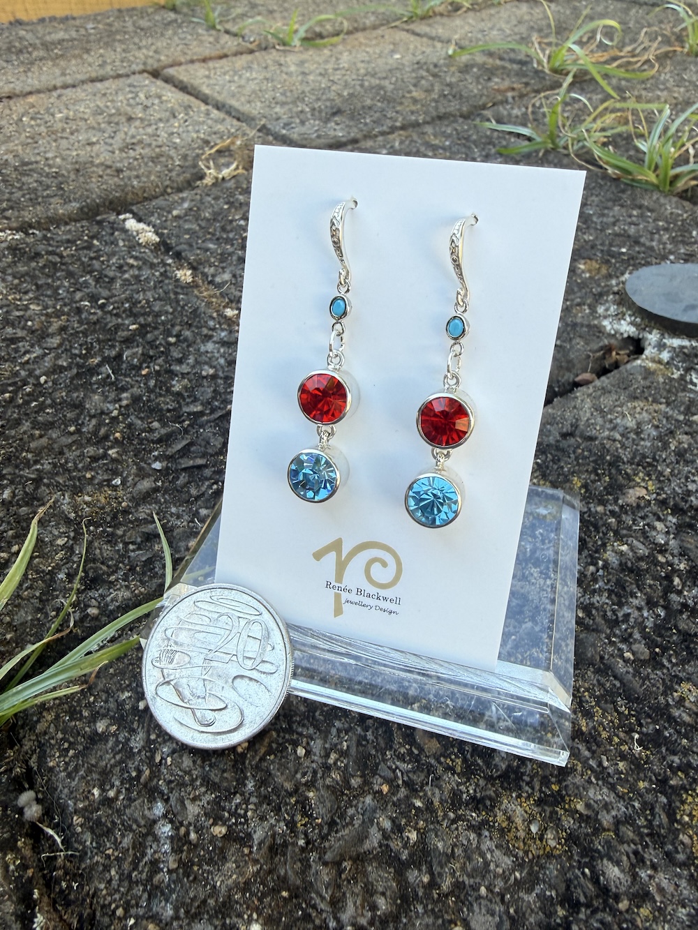 Sparkly Turquoise Blue & Cherry Red Crystal Earrings #FR4 - Image 2
