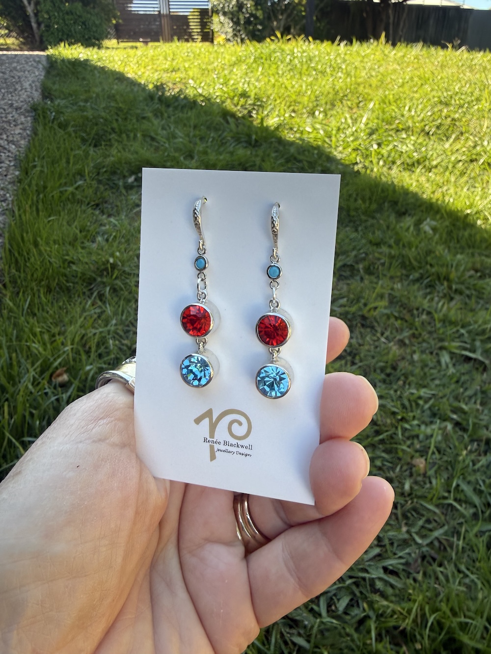 Sparkly Turquoise Blue & Cherry Red Crystal Earrings #FR4 - Image 3