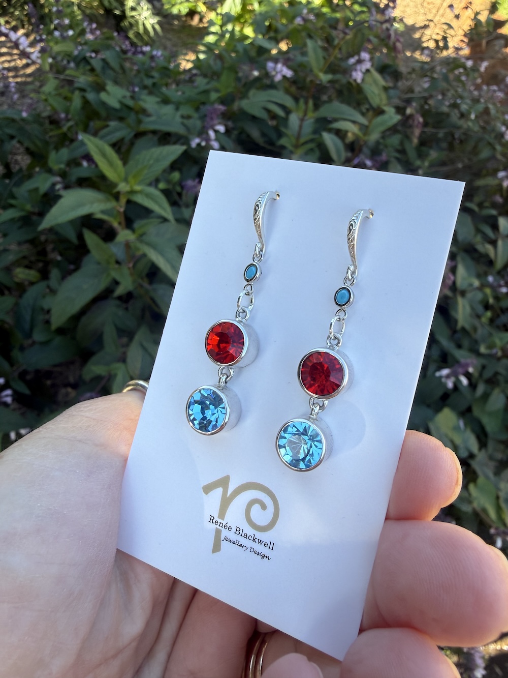 Sparkly Turquoise Blue & Cherry Red Crystal Earrings #FR4 - Image 4