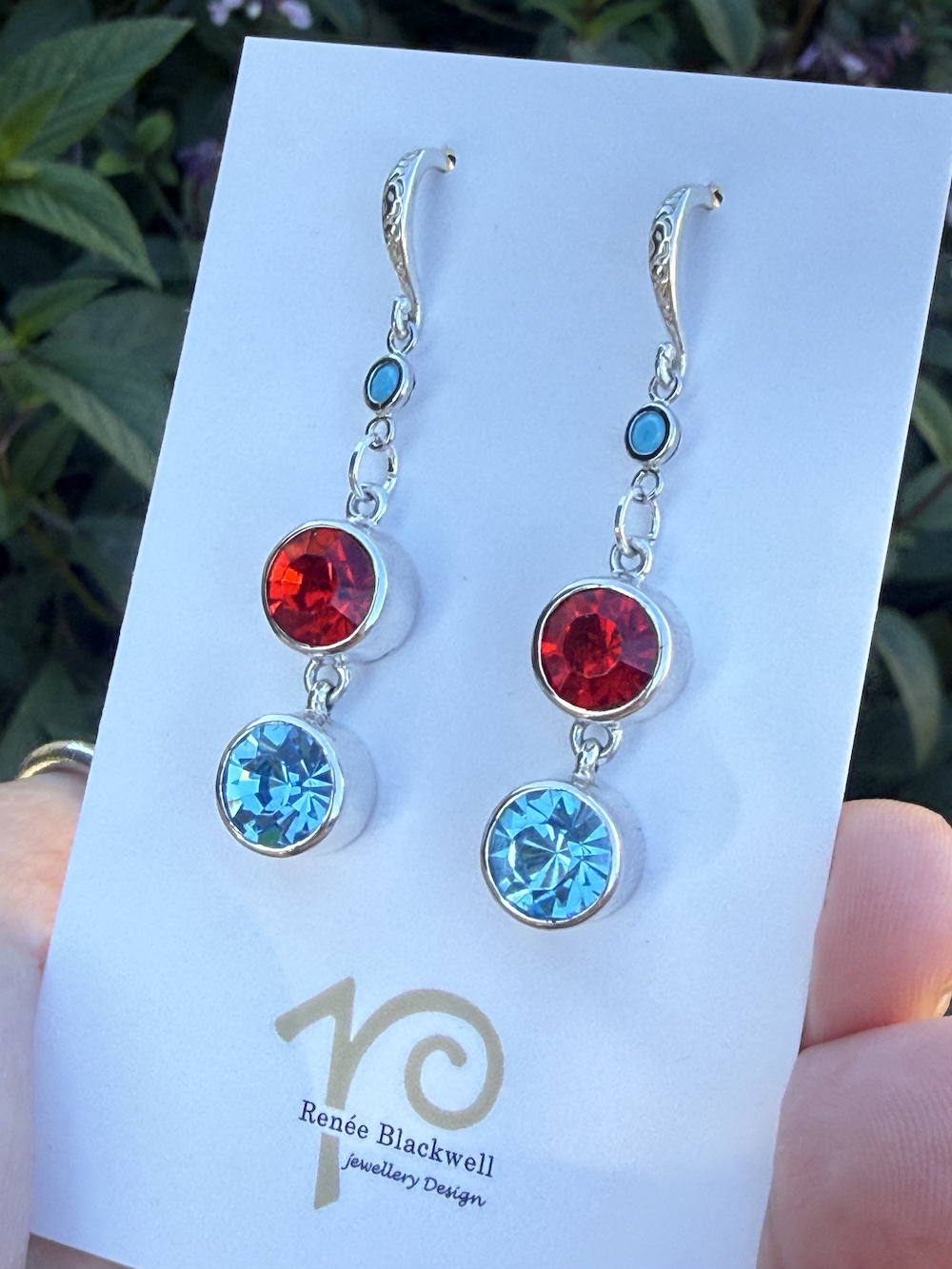 Sparkly Turquoise Blue & Cherry Red Crystal Earrings #FR4