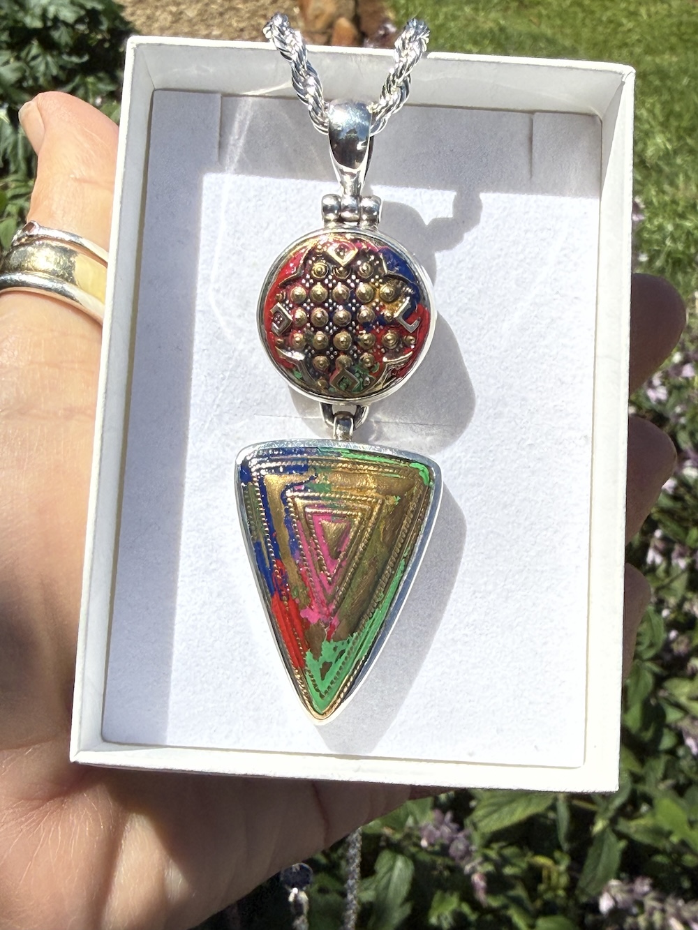 Colourful Antique Button Pendant-Includes Silver Chain! #ZZC4