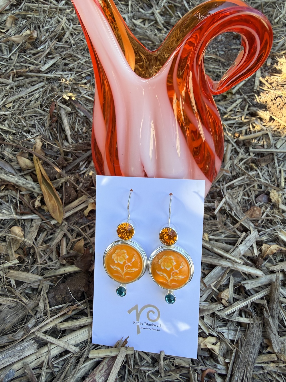 Vintage Tangerine Buttons & Sparkly Crystal Earrings #SFQ28 - Image 4