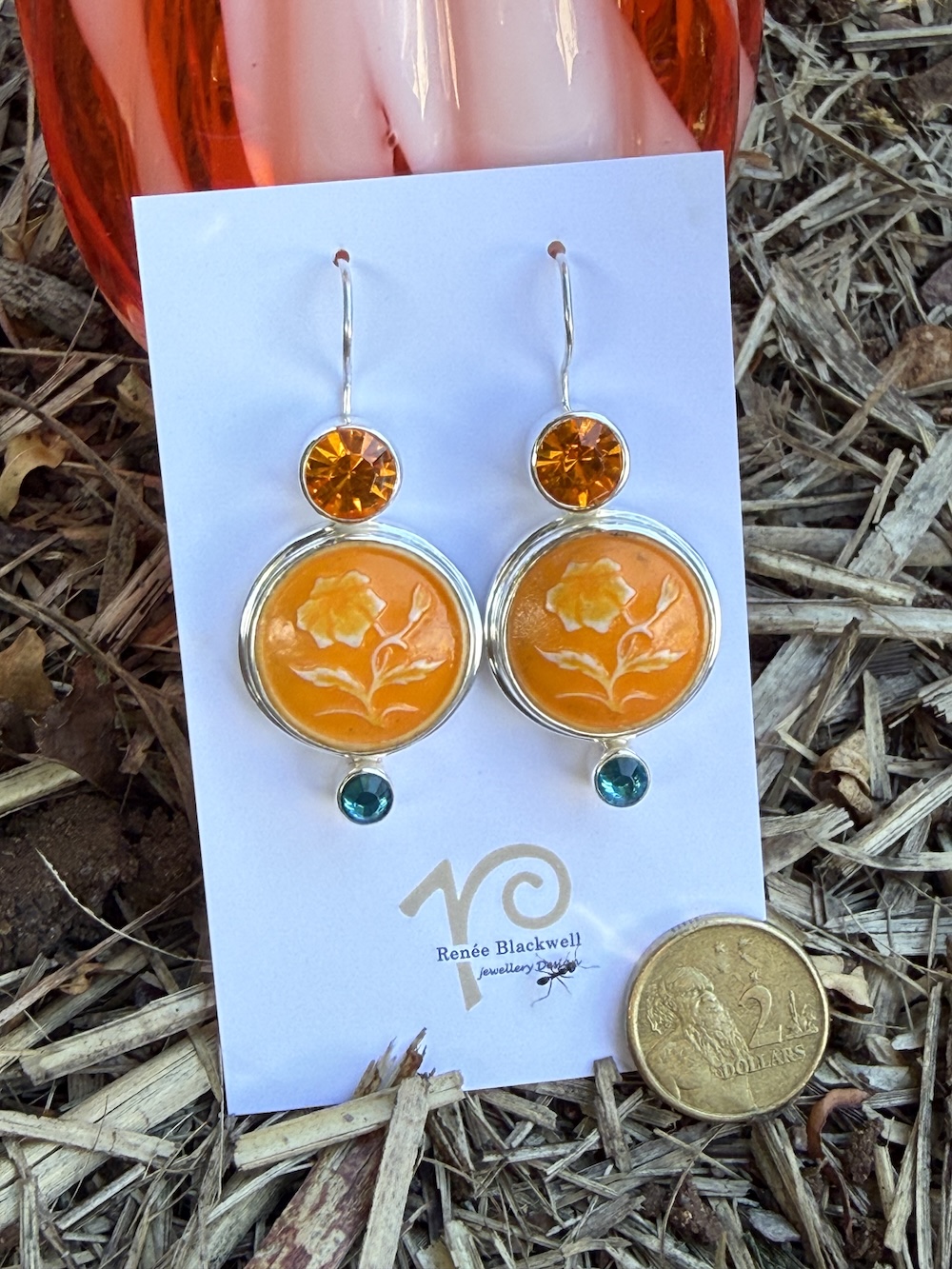 Vintage Tangerine Buttons & Sparkly Crystal Earrings #SFQ28 - Image 3