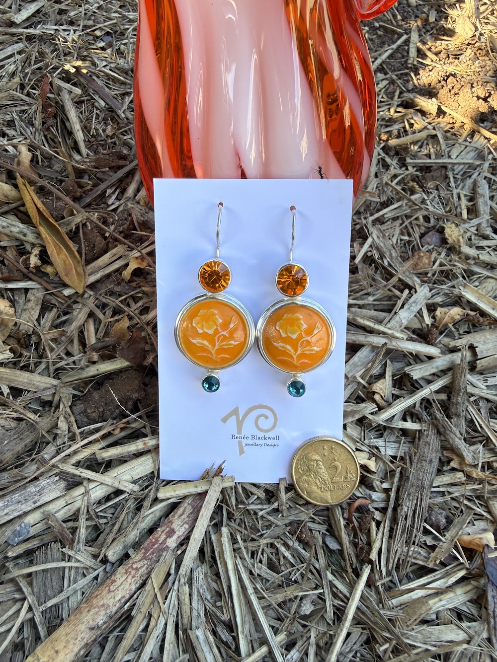 Vintage Tangerine Buttons & Sparkly Crystal Earrings #SFQ28 - Image 5