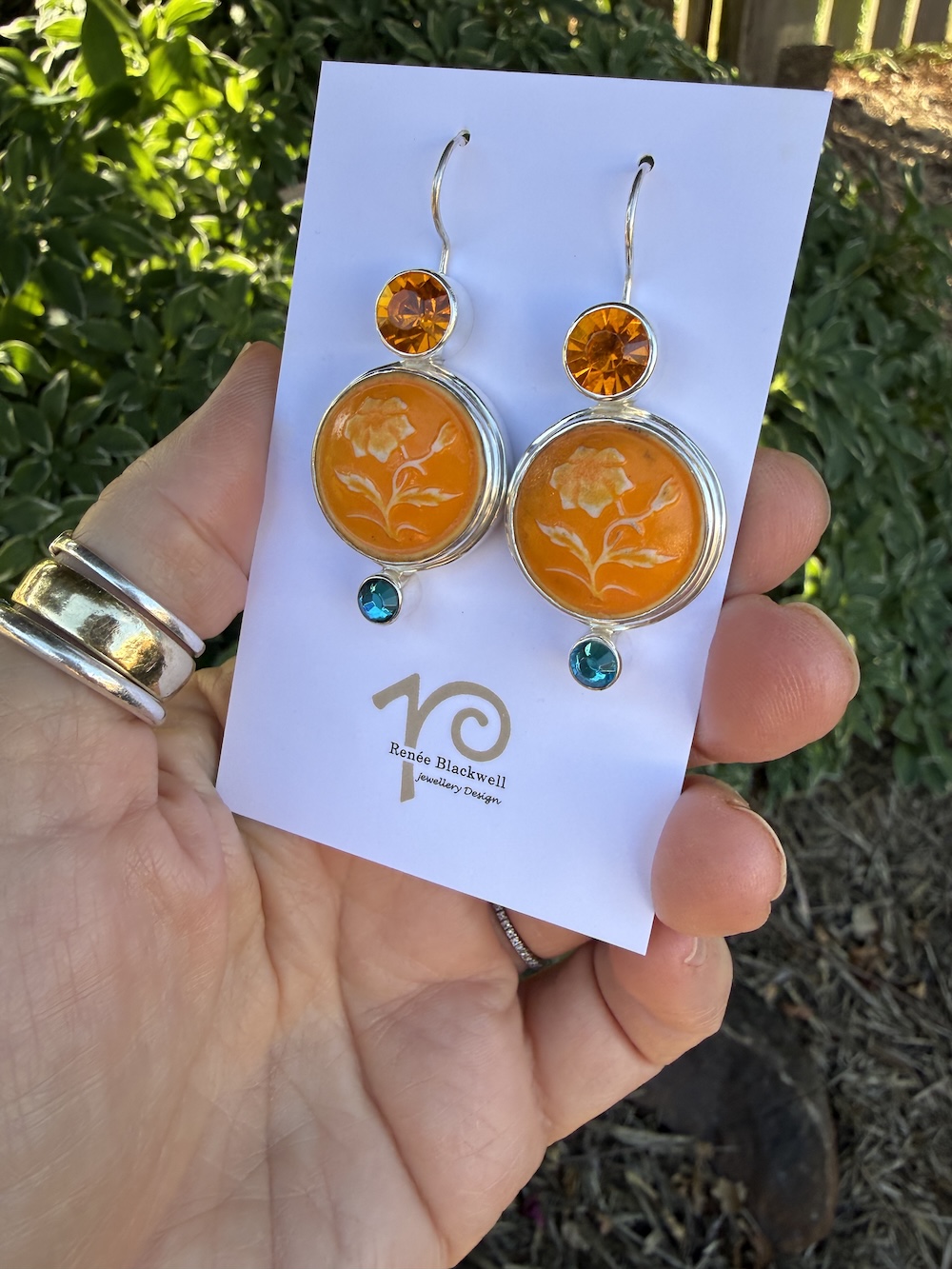 Vintage Tangerine Buttons & Sparkly Crystal Earrings #SFQ28