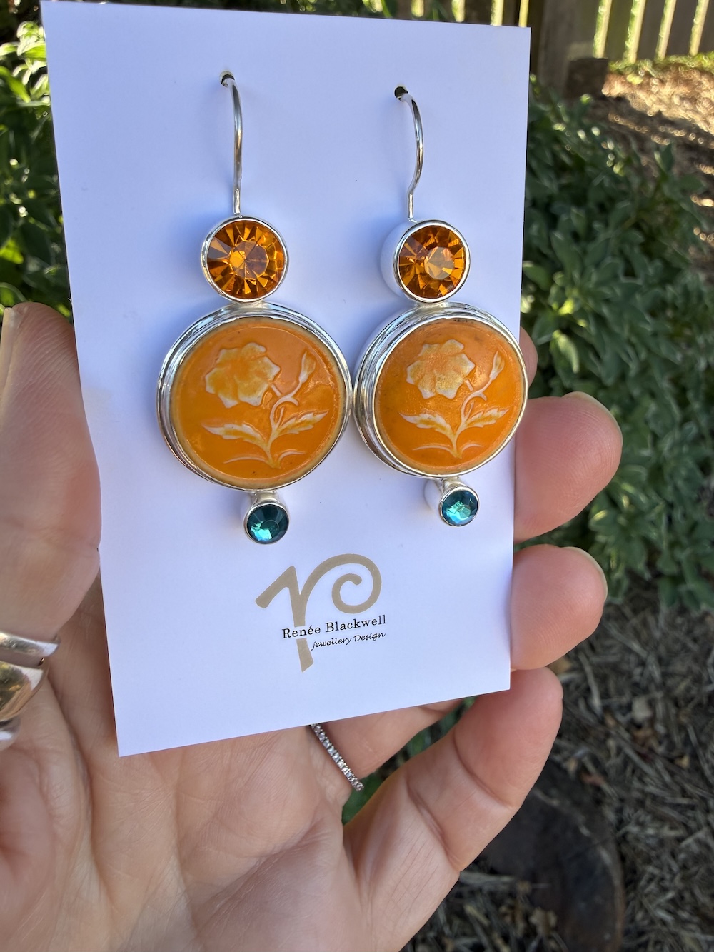 Vintage Tangerine Buttons & Sparkly Crystal Earrings #SFQ28 - Image 2