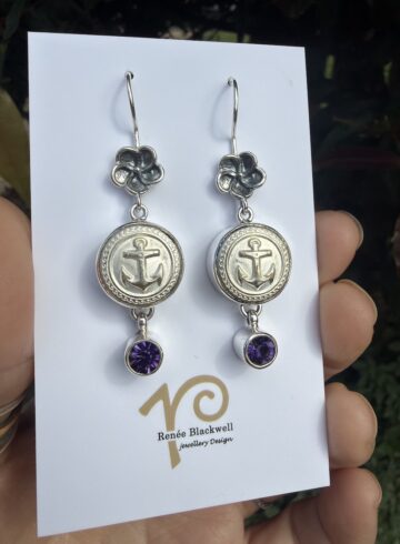 "Ships Ahoy!" Vintage Button & Purple Crystal Earrings   #BA51