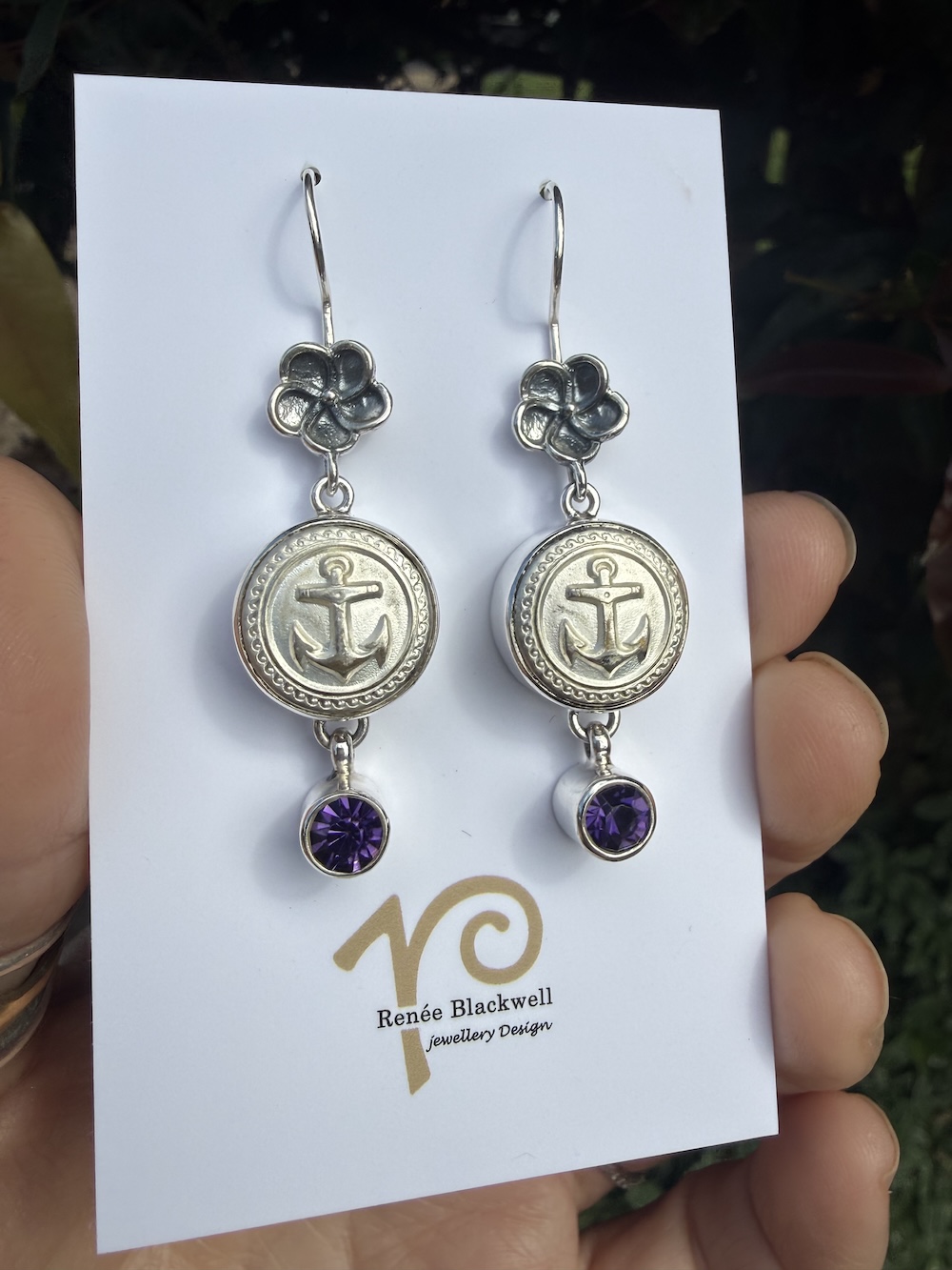 "Ships Ahoy!" Vintage Button & Purple Crystal Earrings #BA51