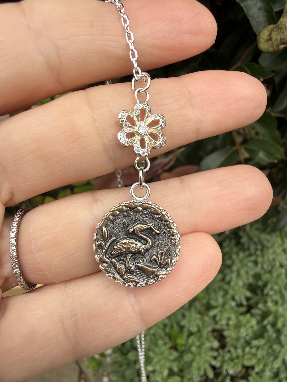Lovely 1800's Antique Button & Sparkly Crystal "Petite" Pendant-Includes Silver Chain!#QAMV9