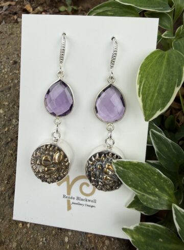 Purple Crystal & 1800's Era Antique Button Earrings!   #NO77