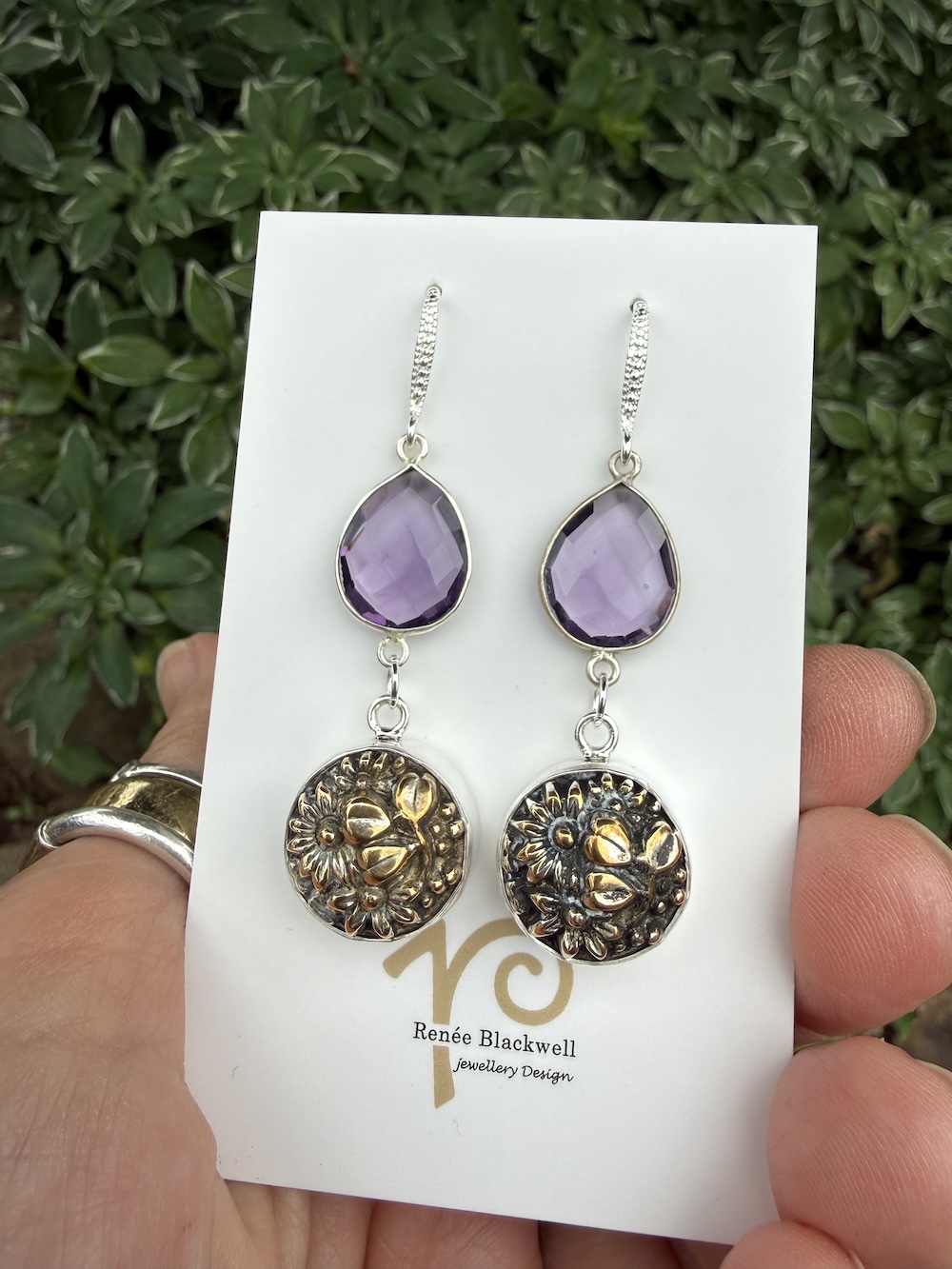 Purple Crystal & 1800's Era Antique Button Earrings! #NO77 - Image 2