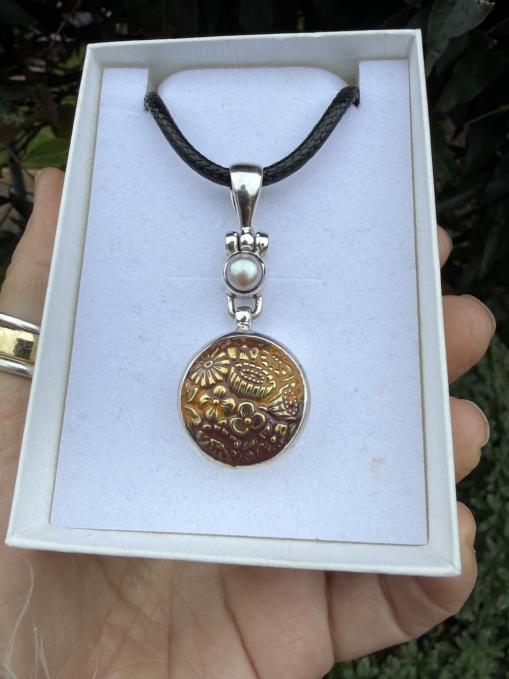 Delightful 1800's Era Antique Button & Pearl Pendant-Includes Black Leather Cord!#32ESB - Image 5