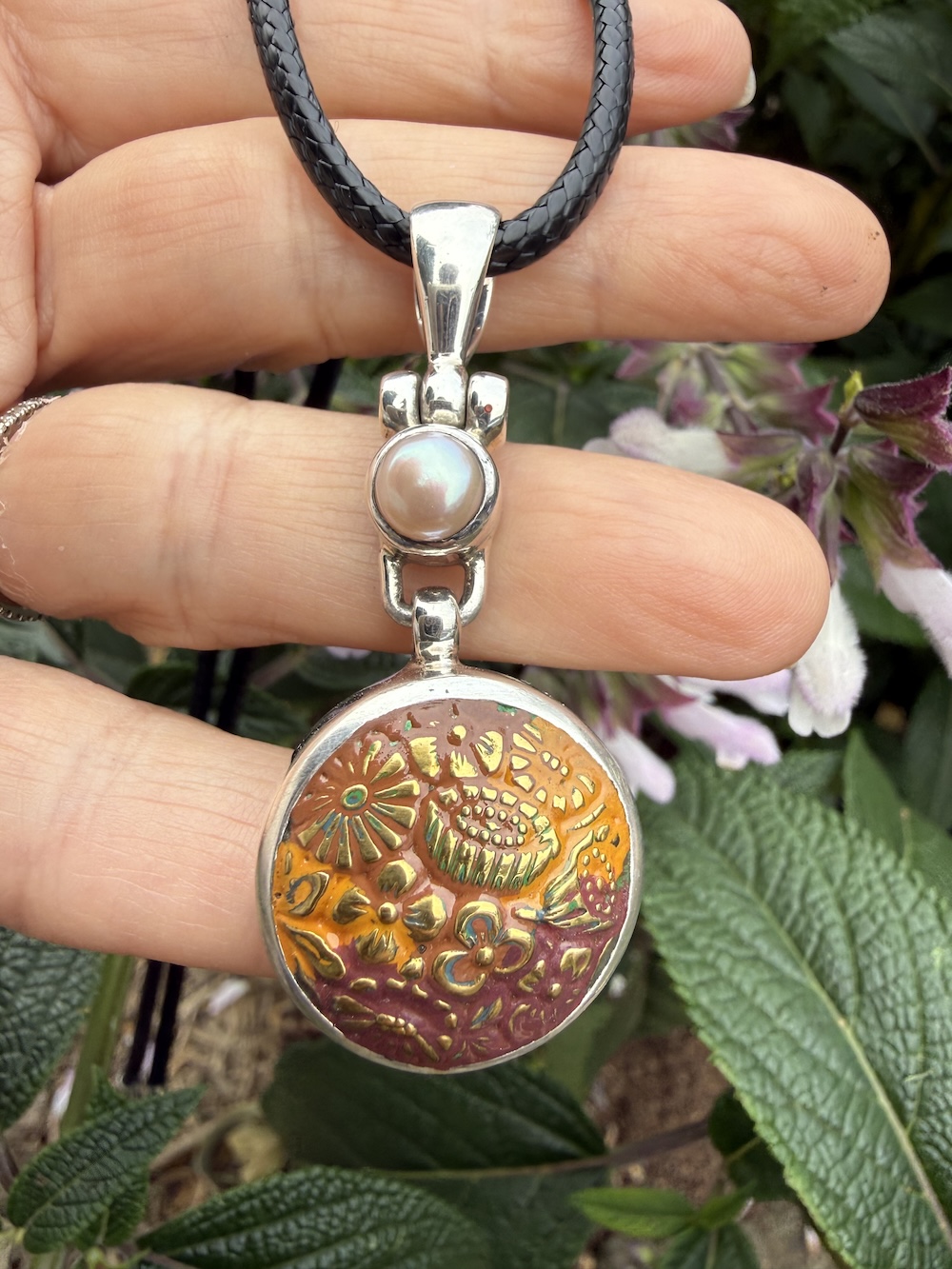 Delightful 1800's Era Antique Button & Pearl Pendant-Includes Black Leather Cord!#32ESB